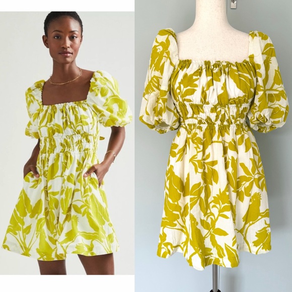 Anthropologie Dresses & Skirts - MAEVE x ANTHROPOLOGIE Feliciana Tropical Print Mini Dress Chartreuse Yellow